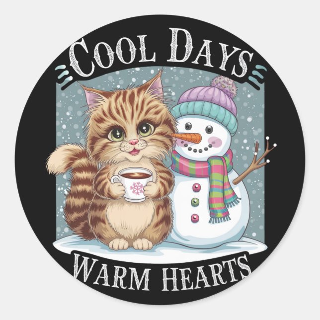 Sticker Rond Kitten Cat and Snowman Friends Share Coffee Winter (Devant)