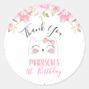 Sticker Rond Kitten rose floral visage et bow anniversaire