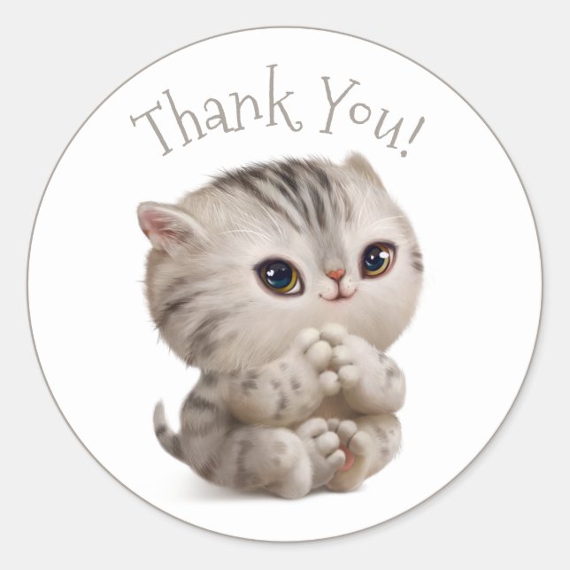 Sticker Rond Kitten tiré à la main avec typographie Merci (Devant)