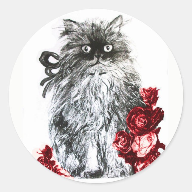 Sticker Rond KITTY CAT, CUISINE AVEC ROSES ROUGES Noir Blanc (Devant)