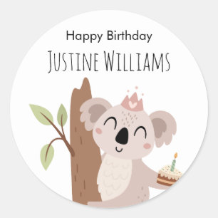 Sticker Rond Koala avec gâteau d'anniversaire