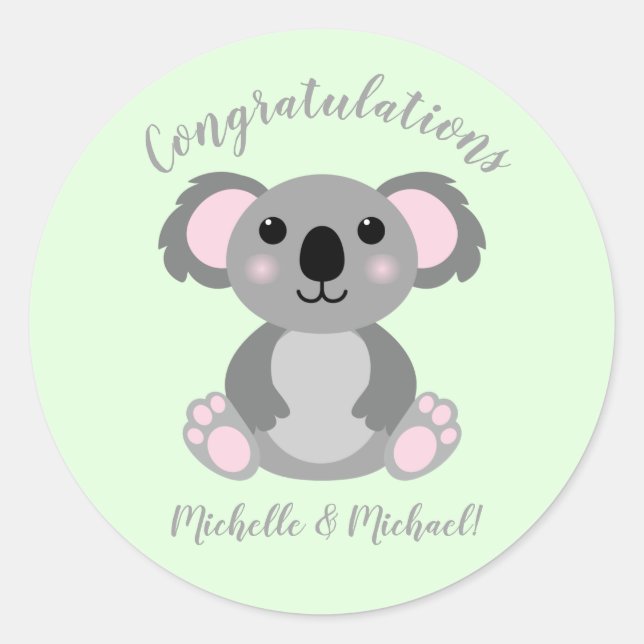 Sticker Rond Koala Bear Baby shower vert genre neutre (Devant)