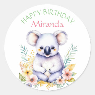Sticker Rond Koala Bear Joyeux anniversaire de fille à thème
