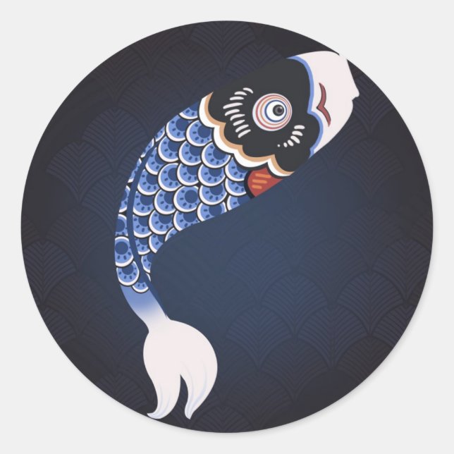 Sticker Rond Koinobori - drapeau japonais bleu de poissons (Devant)