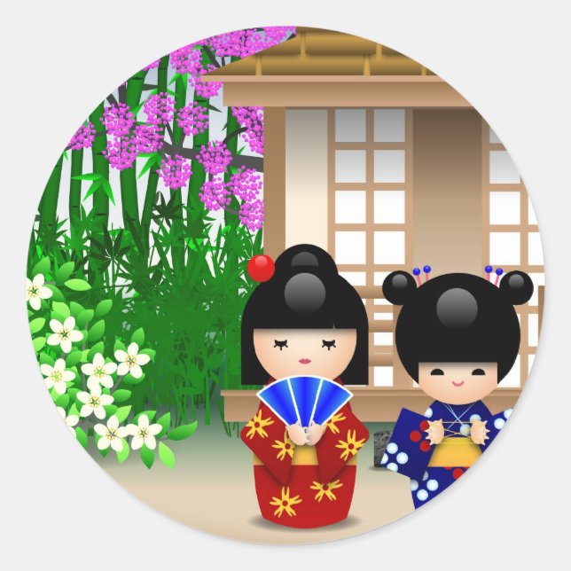 Sticker Rond Kokeshi Dolls et Teahouse (Devant)