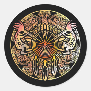 Sticker Rond Kokopelli Duo - Homme Dans Le Maze - Dreamcatcher 