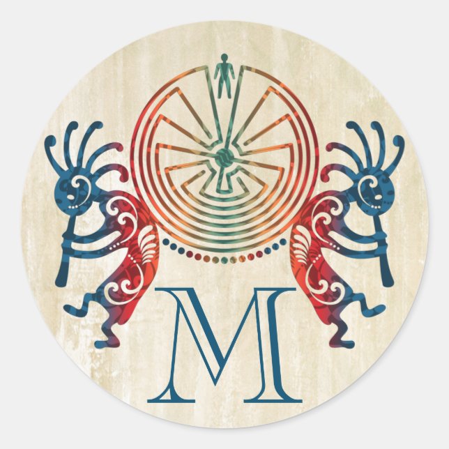 Sticker Rond KOKOPELLI / MAN IN THE MAZE + votre monogramme (Devant)