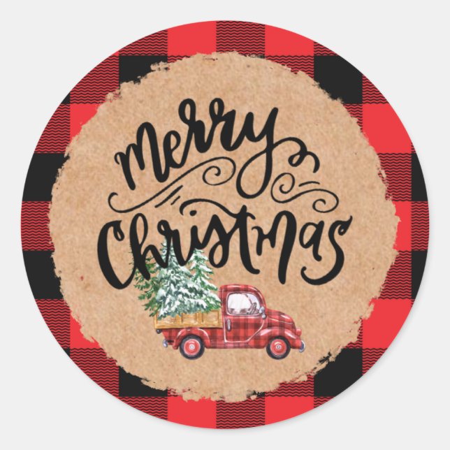 Sticker Rond Kraft Buffalo Plaid Script Christmas Holiday Truck (Devant)