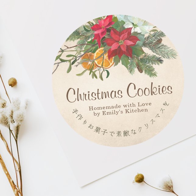 Sticker Rond Kraft Christmas Cookie Label  Poinsettia Bouquet (Créateur téléchargé)