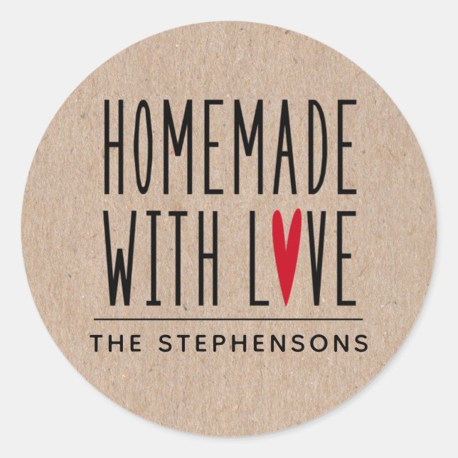 Sticker Rond Kraft Rustique Personnalisé Fait Avec Amour (Devant)