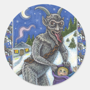 STICKER ROND KRAMPUS & ENFANTS NAUGHTY, HISTOIRE DE NOËL CRAYAN