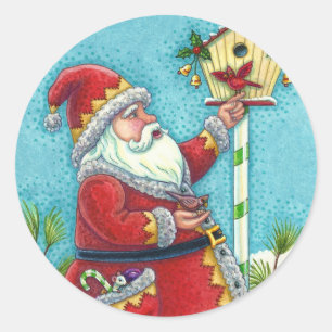 STICKER ROND KRIS KRINGLE ALIMENTER LES OISEAUX REDBIRÉS, NOËL 