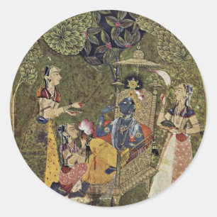 Sticker Rond Krishna Et Les Filles Par Indischer Maler Um 1710 