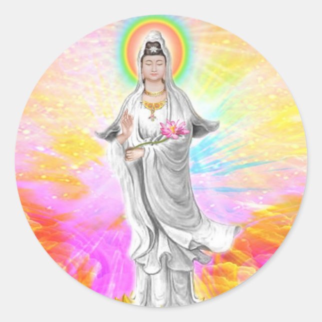 Sticker Rond Kwan Yin La déesse de la compassion avec rose (Devant)