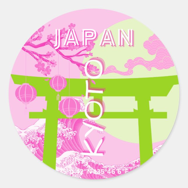 Sticker Rond Kyoto Japan Travel Art, Pink Travel Art (Devant)