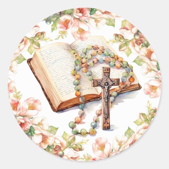 Sticker Rond La Bible Florale du Rosaire catholique Religieux (Devant)
