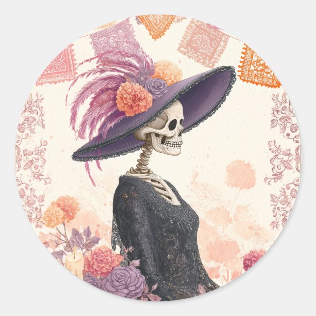 Sticker Rond La Catrina Skeleton Lady Day of Dead Decoupage (Devant)