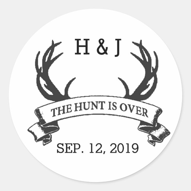 Sticker Rond "La chasse est finie" Mariage rustique personnalis (Devant)