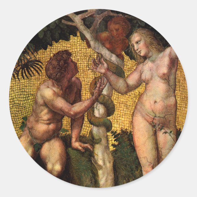 Sticker Rond La chute - Adam et Ève par Raphael Sanzio (Devant)