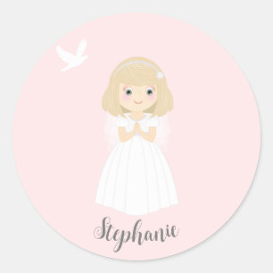 Sticker Rond La colombe communion Blonde Girl