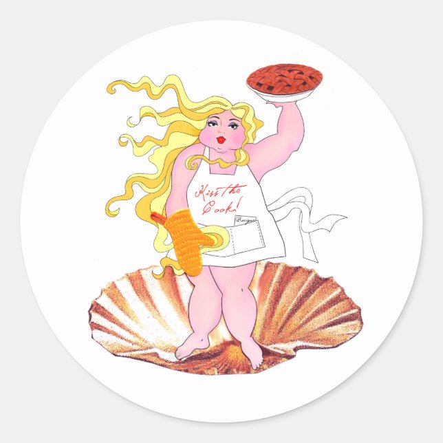 Sticker Rond "La déesse domestique" - Embrasse la cuisinière !  (Devant)