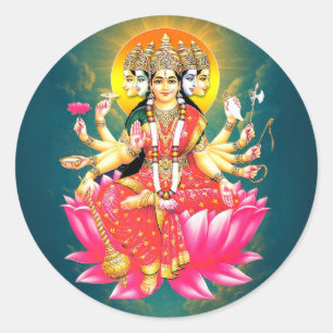 Sticker Rond La déesse Gayatri Devi sur Lotus Hindu Deity