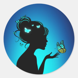 Sticker Rond La femme papillons bleues