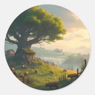 Sticker Rond La ferme tranquille – Paysage de ferme Classique R
