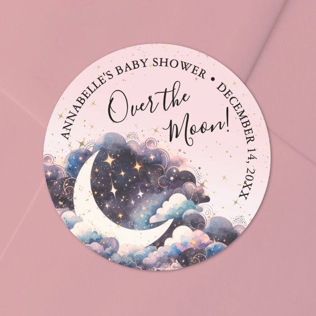 Sticker Rond La Fille Au-Dessus Du Baby shower Lune (Girl Over The Moon Baby Shower Classic Round Sticker)