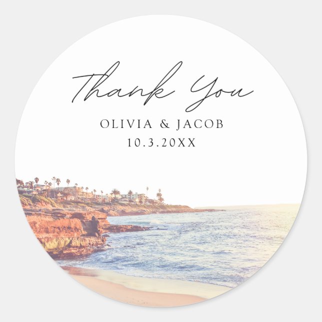 Sticker Rond La Jolla Wedding Favor Beach Photo Merci (Devant)