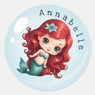 Sticker Rond La mignonne sirène à tête rouge dans une bulle Per