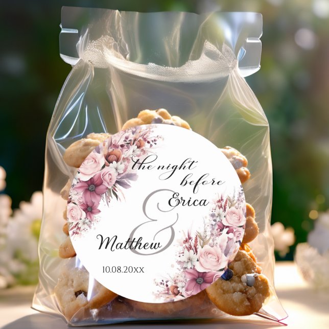 Sticker Rond La nuit avant Dusty Pink Boho Floral Mariage (Créateur téléchargé)