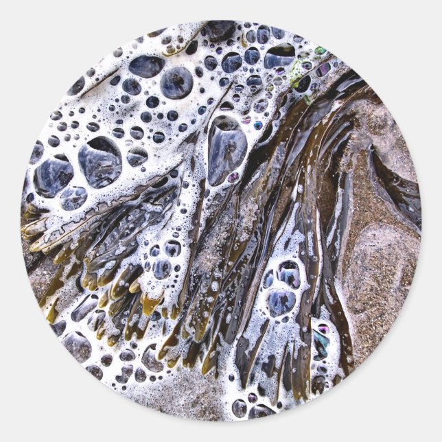 STICKER ROND LA PLAGE, ALGUES, EAU ET SABLE (Devant)