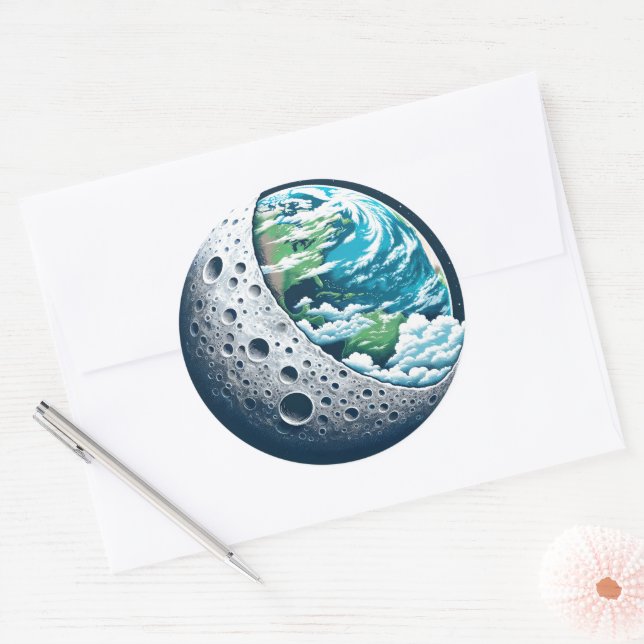 Sticker Rond La planète Terre et sa lune : Merveille céleste (Enveloppe)