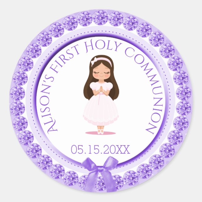 Sticker Rond La Première Sainte Communion Joyaux pourpres (Devant)