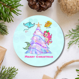 Sticker Rond La Sirène et ses Amis Décorent l'Arbre de Noël