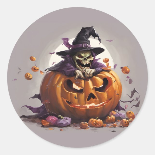 Sticker Rond La sorcière et la citrouille (Devant)