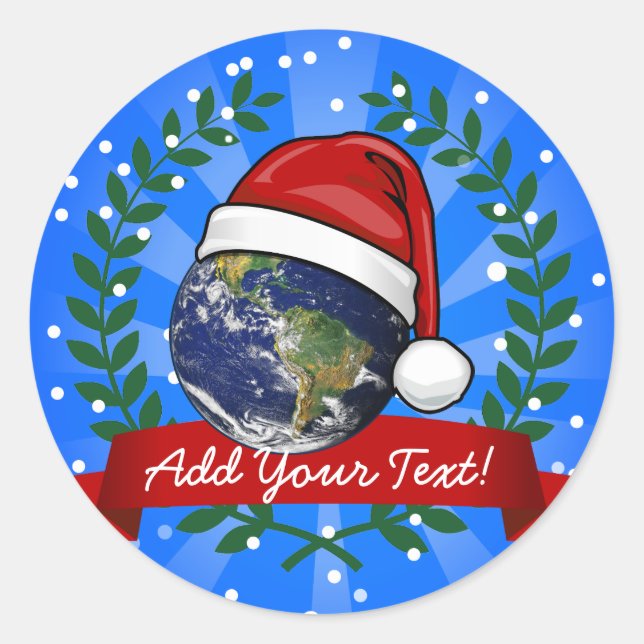 Sticker Rond La Terre porte un chapeau de Père Noël (Devant)
