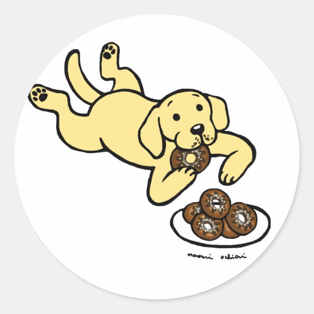Sticker Rond Labrador jaune et beignets ! (Devant)