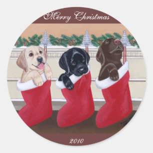 Sticker Rond Labrador Retriever Puppies peinture de Noël