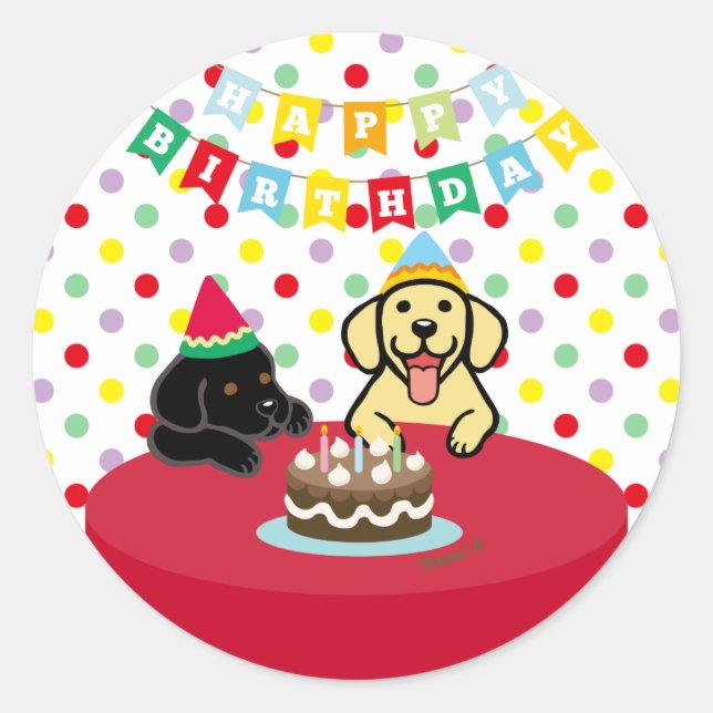 Sticker Rond Labradors Jaunes et Noirs Anniversaire (Devant)