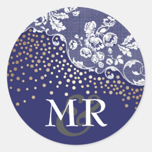 Sticker Rond Lace Gold Confetti Marine Vintage Wedding