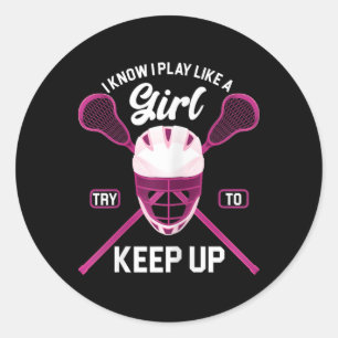 Sticker Rond Lacrosse Joueuse fille lessive bâton crosse