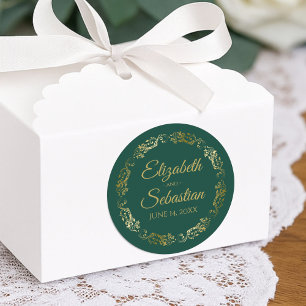 Sticker Rond Lacy Gold Filigree Élégant Mariage vert émeraude