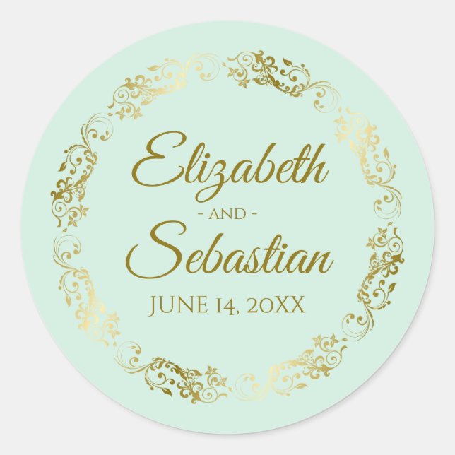 Sticker Rond Lacy Gold Filigree Elegant Neo Mint Green Mariage (Devant)