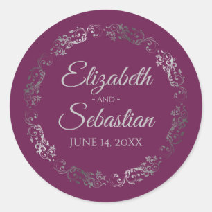 Sticker Rond Lacy Silver Filigree Elegant Cassis Purple Mariage
