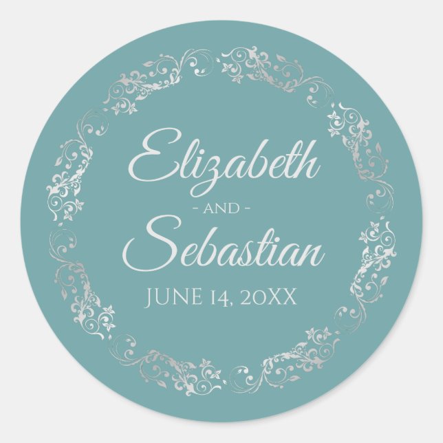 Sticker Rond Lacy Silver Filigree Elégant Mariage Turquoise (Devant)