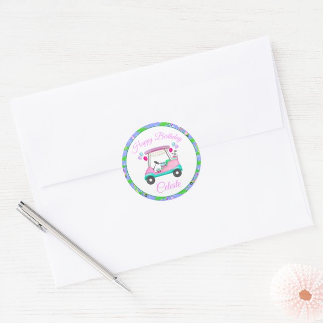Sticker Rond Lady Golf Thème Joyeux Anniversaire (Enveloppe)