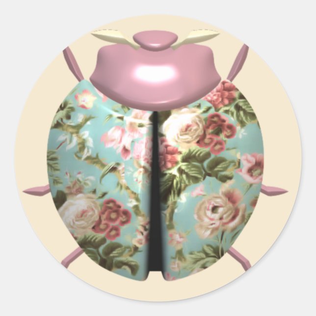 Sticker Rond Ladybug chintz floral victorieux rose bleu mignon (Devant)