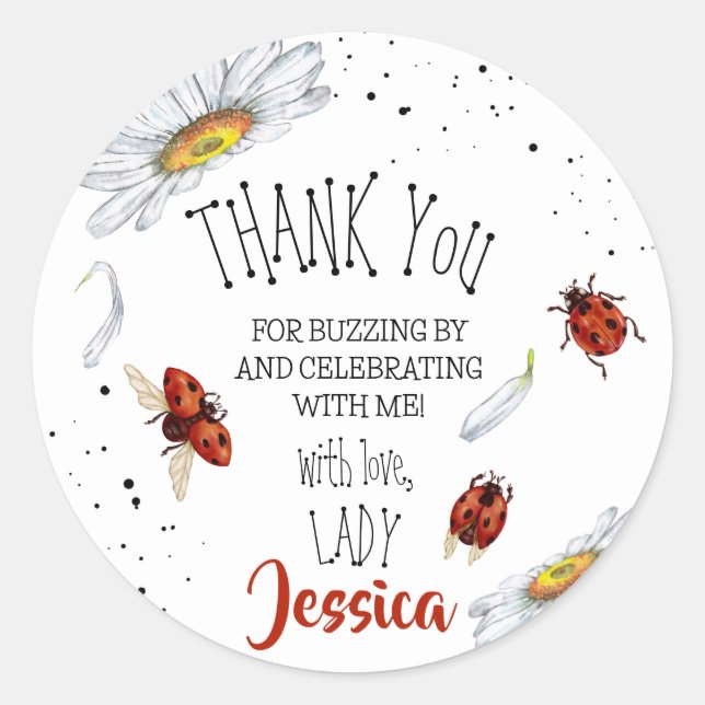 Sticker Rond Ladybug fête d'anniversaire merci (Devant)